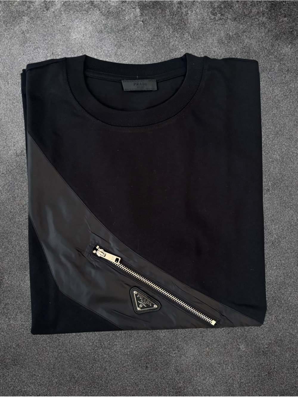 Prada Black Short-Sleeve Crewneck T-Shirt with Diagonal Nylon Zip Panel - Picture 3 of 6